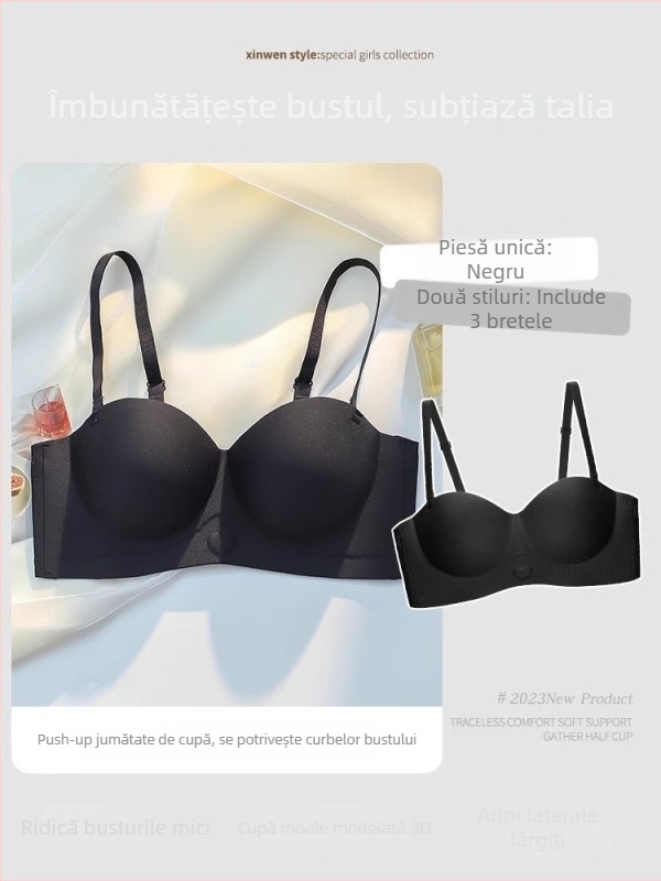 Sutien din nylon fără bretele, anti-alunecare, cupă 3/4, fără cusături, push-up, adună sânul pentru bust mic