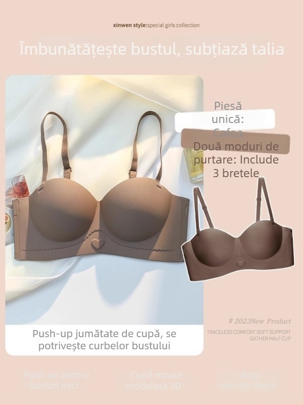 Sutien din nylon fără bretele, anti-alunecare, cupă 3/4, fără cusături, push-up, adună sânul pentru bust mic