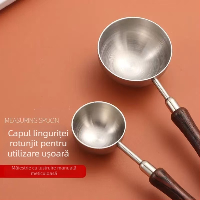 Lingură de măsurare din oțel inoxidabil 304, mâner din lemn în formă de aripă de pui, pentru coacere, boabe de cafea, lapte praf și condimente, cu scară în grame