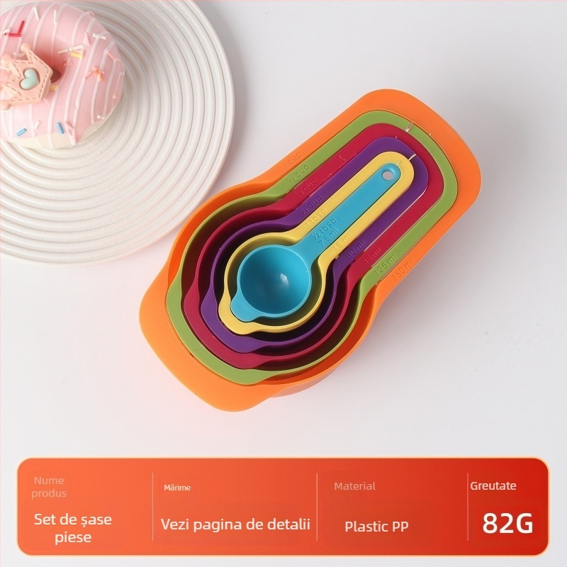 Set colorat din silicon și PP pentru măsurare în bucătărie: linguri și cănute de măsură colorate, cu marcaje, incluzând lingură pentru lapte praf și lingură pentru condimente.