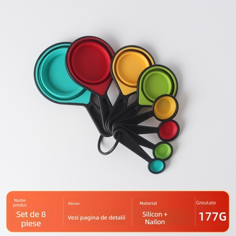 Set colorat din silicon și PP pentru măsurare în bucătărie: linguri și cănute de măsură colorate, cu marcaje, incluzând lingură pentru lapte praf și lingură pentru condimente.