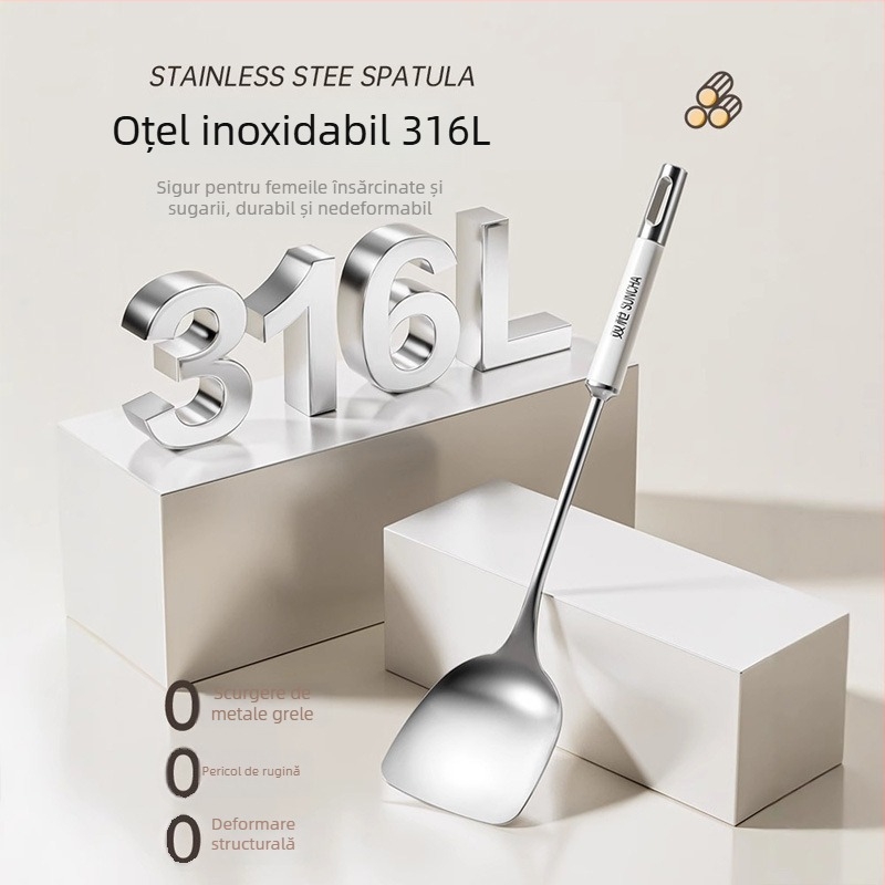 Set de ustensile de bucătărie din oțel inoxidabil 316L: spatulă de gătit, strecurător, lingură de supă și lingură de prăjit