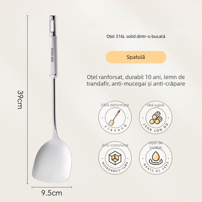Set de ustensile de bucătărie din oțel inoxidabil 316L: spatulă de gătit, strecurător, lingură de supă și lingură de prăjit