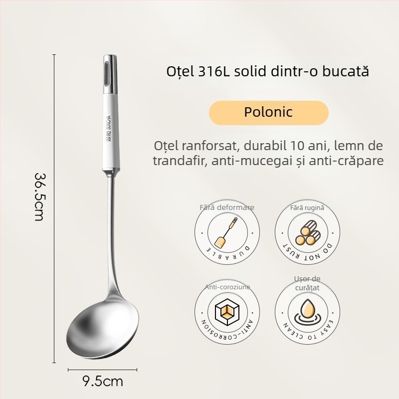 Set de ustensile de bucătărie din oțel inoxidabil 316L: spatulă de gătit, strecurător, lingură de supă și lingură de prăjit