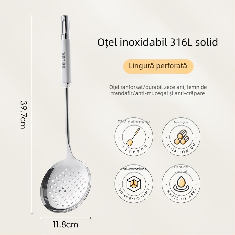 Set de ustensile de bucătărie din oțel inoxidabil 316L: spatulă de gătit, strecurător, lingură de supă și lingură de prăjit