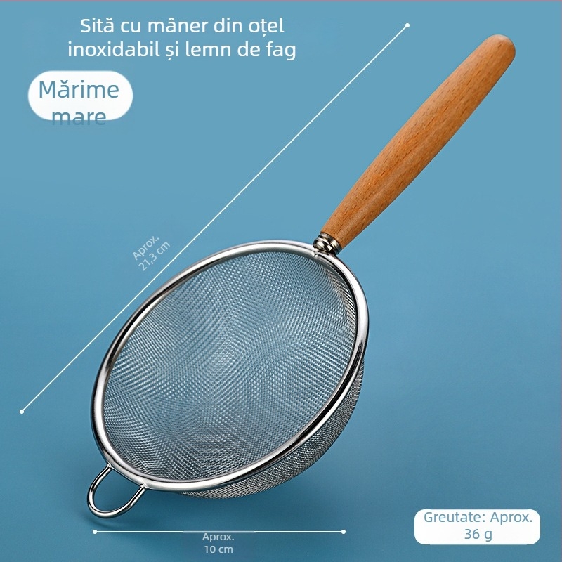 Filtru din oțel inoxidabil cu mâner din lemn pentru bucătărie, sită pentru sucuri și resturi de lapte de soia; mic strecurător pentru coacere.