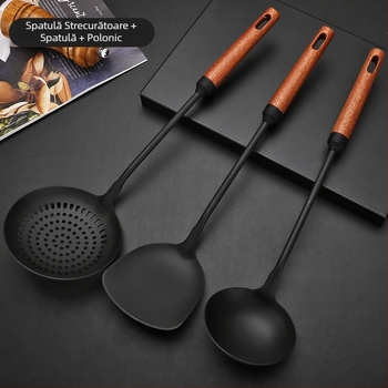 Spatulă pentru wok din fier și lingură cu găuri, mâner din lemn, set de ustensile de gătit