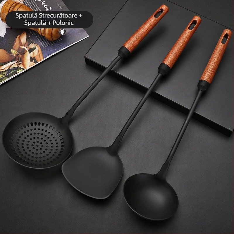 Spatulă pentru wok din fier și lingură cu găuri, mâner din lemn, set de ustensile de gătit
