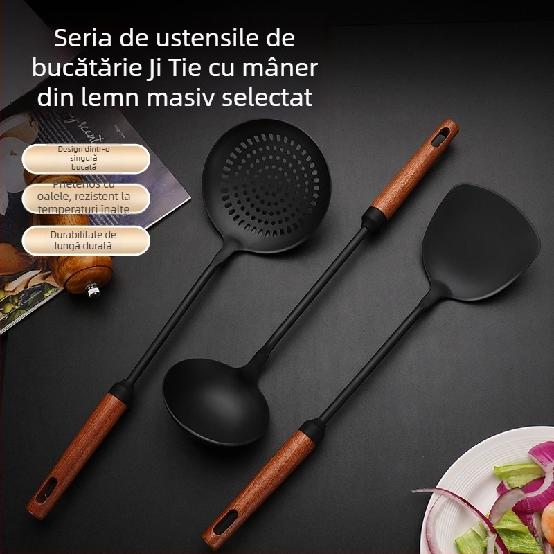 Spatulă pentru wok din fier și lingură cu găuri, mâner din lemn, set de ustensile de gătit