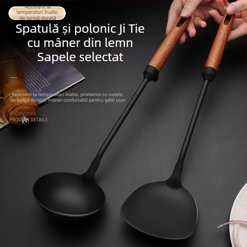Spatulă pentru wok din fier și lingură cu găuri, mâner din lemn, set de ustensile de gătit