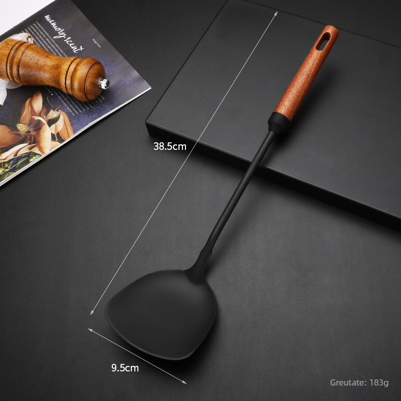 Spatulă pentru wok din fier și lingură cu găuri, mâner din lemn, set de ustensile de gătit