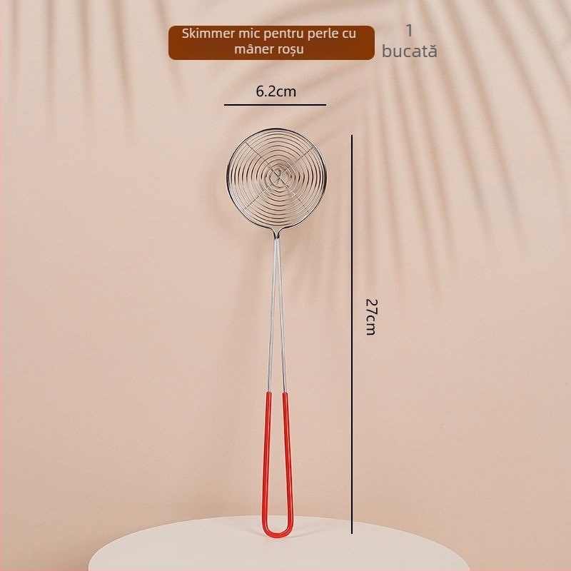 Strecurător din oțel inoxidabil cu mâner roșu, lingură cu plasă adâncă pentru hot pot și ceai cu perle