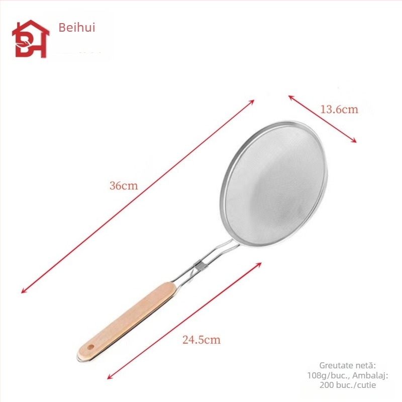 Cu mâner din lemn, sită fină din oțel inoxidabil cu plasă de 40 de ochiuri, cu cârlig, filtru pentru supă fierbinte și tăiței