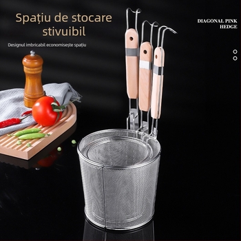 Colander de bucătărie din oțel inoxidabil, cu mâner din lemn, pentru agățat; strecurător mare pentru tăiței și legume