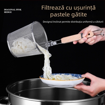 Colander de bucătărie din oțel inoxidabil, cu mâner din lemn, pentru agățat; strecurător mare pentru tăiței și legume