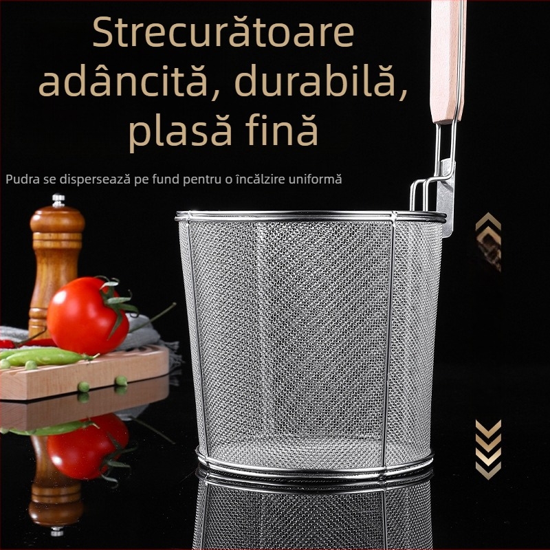Colander de bucătărie din oțel inoxidabil, cu mâner din lemn, pentru agățat; strecurător mare pentru tăiței și legume