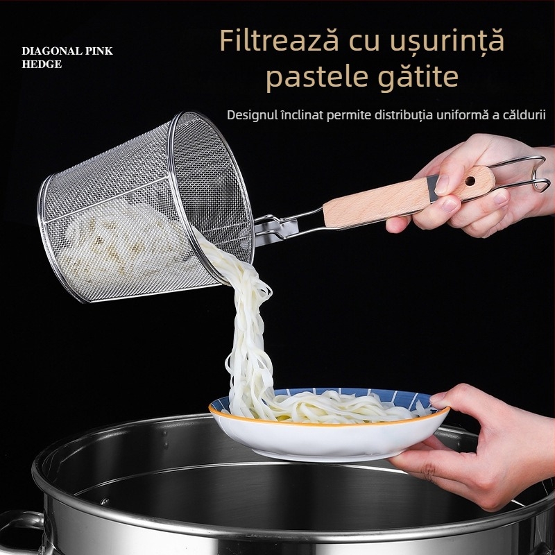 Colander de bucătărie din oțel inoxidabil, cu mâner din lemn, pentru agățat; strecurător mare pentru tăiței și legume