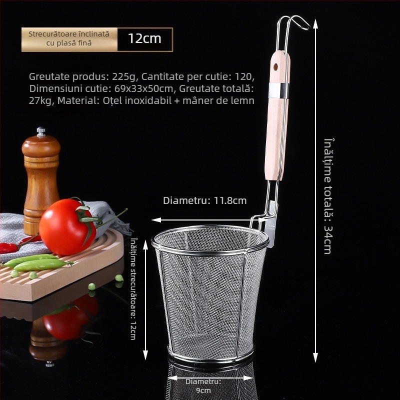 Colander de bucătărie din oțel inoxidabil, cu mâner din lemn, pentru agățat; strecurător mare pentru tăiței și legume