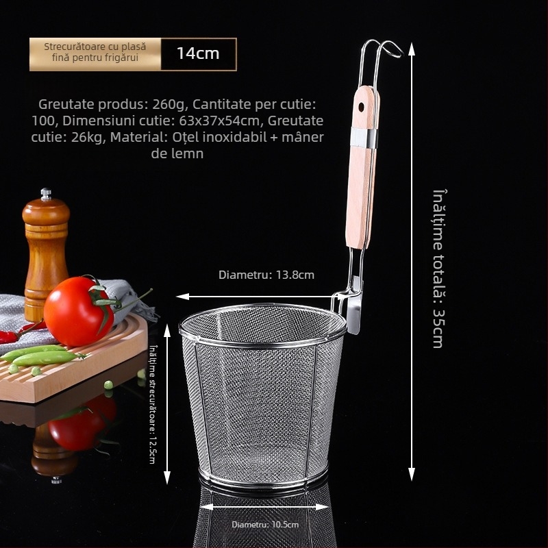 Colander de bucătărie din oțel inoxidabil, cu mâner din lemn, pentru agățat; strecurător mare pentru tăiței și legume
