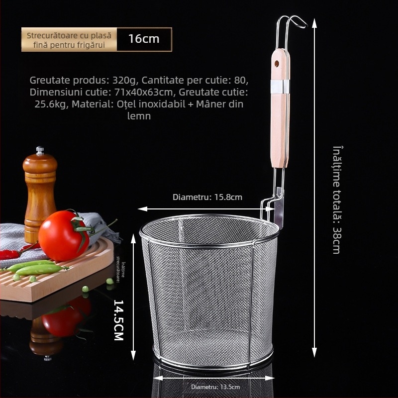 Colander de bucătărie din oțel inoxidabil, cu mâner din lemn, pentru agățat; strecurător mare pentru tăiței și legume