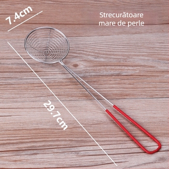 Strecurător perlat cu mâner roșu, sită din oțel inoxidabil, filtru adânc mic pentru hot pot, bucătărie și ceai cu lapte