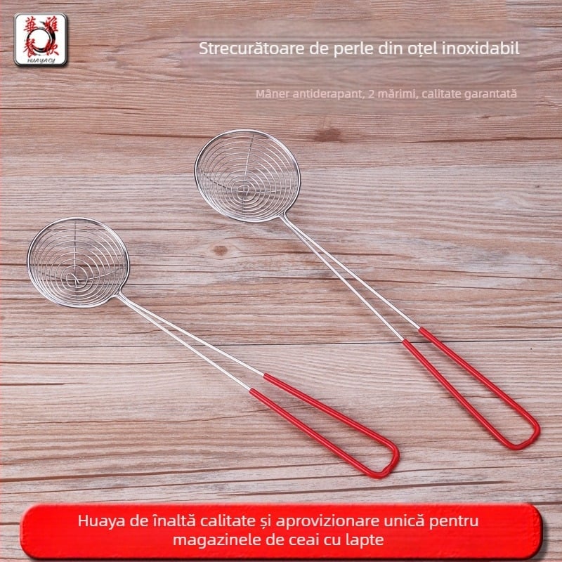 Strecurător perlat cu mâner roșu, sită din oțel inoxidabil, filtru adânc mic pentru hot pot, bucătărie și ceai cu lapte