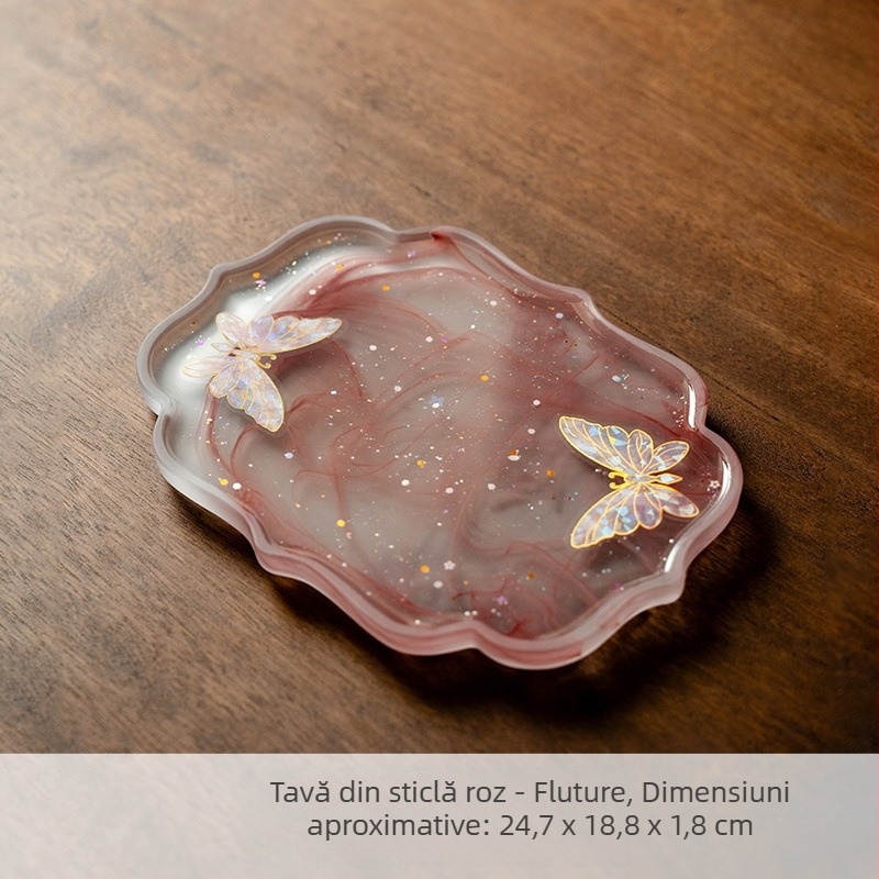 Tavă de ceai din sticlă în stil chinezesc nou, două nuanțe roz și albastru, design cu fluture, suport rezistent la căldură pentru ceainic, accesoriu elegant pentru ceremonia ceaiului, suport pentru cupe