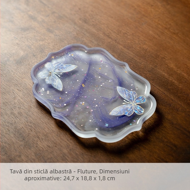 Tavă de ceai din sticlă în stil chinezesc nou, două nuanțe roz și albastru, design cu fluture, suport rezistent la căldură pentru ceainic, accesoriu elegant pentru ceremonia ceaiului, suport pentru cupe