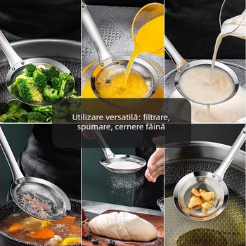 Lingură de bucătărie din oțel inoxidabil cu plasă de filtrare pentru separarea uleiului și îndepărtarea spumei