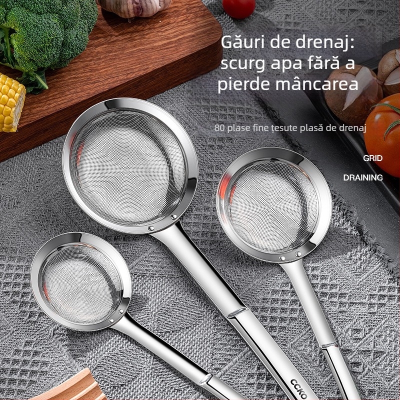 Lingură de bucătărie din oțel inoxidabil cu plasă de filtrare pentru separarea uleiului și îndepărtarea spumei
