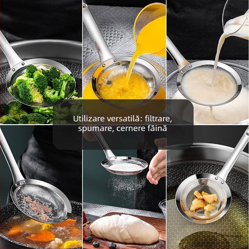 Lingură de bucătărie din oțel inoxidabil cu plasă de filtrare pentru separarea uleiului și îndepărtarea spumei
