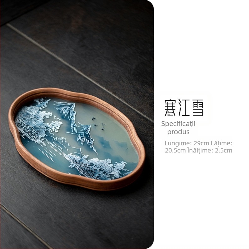 Yishu Tea Talk Peisaj Chinezesc — Suport din sticlă pentru ceainic și tavă de bambus în stil Wabi-Sabi, accesorii de ceai pentru casă cu spațiu de depozitare pentru fructe uscate