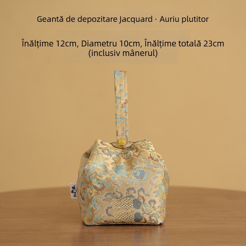 Geantă de depozitare pentru set de ceai cu brocart auriu, ceainic și ceașcă, portabilă, husă din pânză pentru exterior