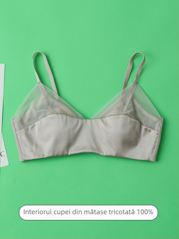 Sutien din satin de mătase, cupă triunghiulară, stil francez, subțire, fără armături, fără cusături, respirabil, din mătase de dud, vară