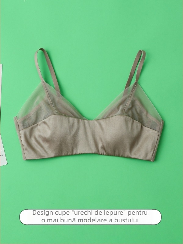 Sutien din satin de mătase, cupă triunghiulară, stil francez, subțire, fără armături, fără cusături, respirabil, din mătase de dud, vară