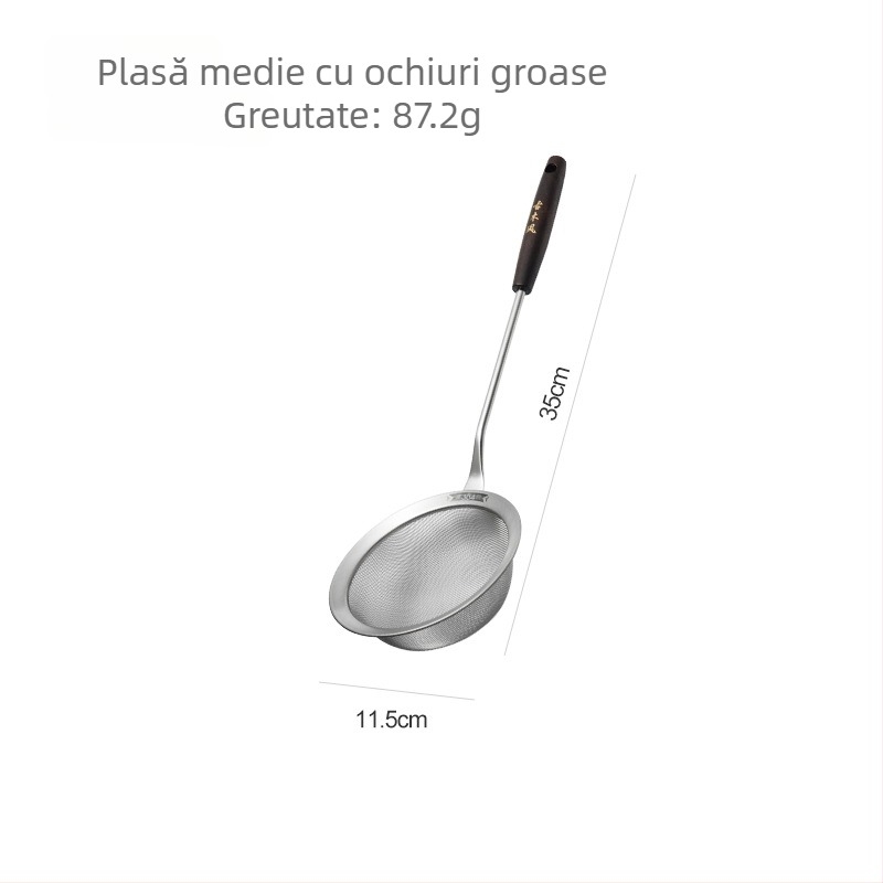 Unelte de bucătărie din oțel inoxidabil, cu mâner din lemn – filtru de ulei pentru prăjit, strecurătoare și plasă fină pentru făină
