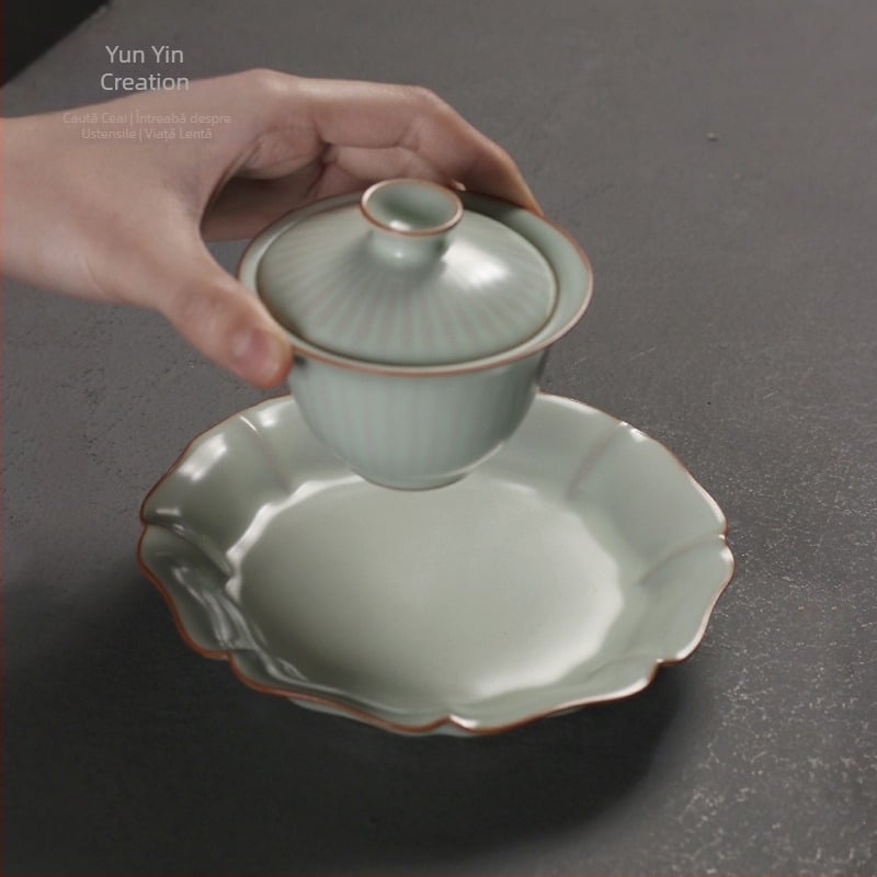 Set ceramic Tianqing Ruyao pentru ceremonia ceaiului, tavă uscată, covoraș pentru ceai și suporturi pentru cești