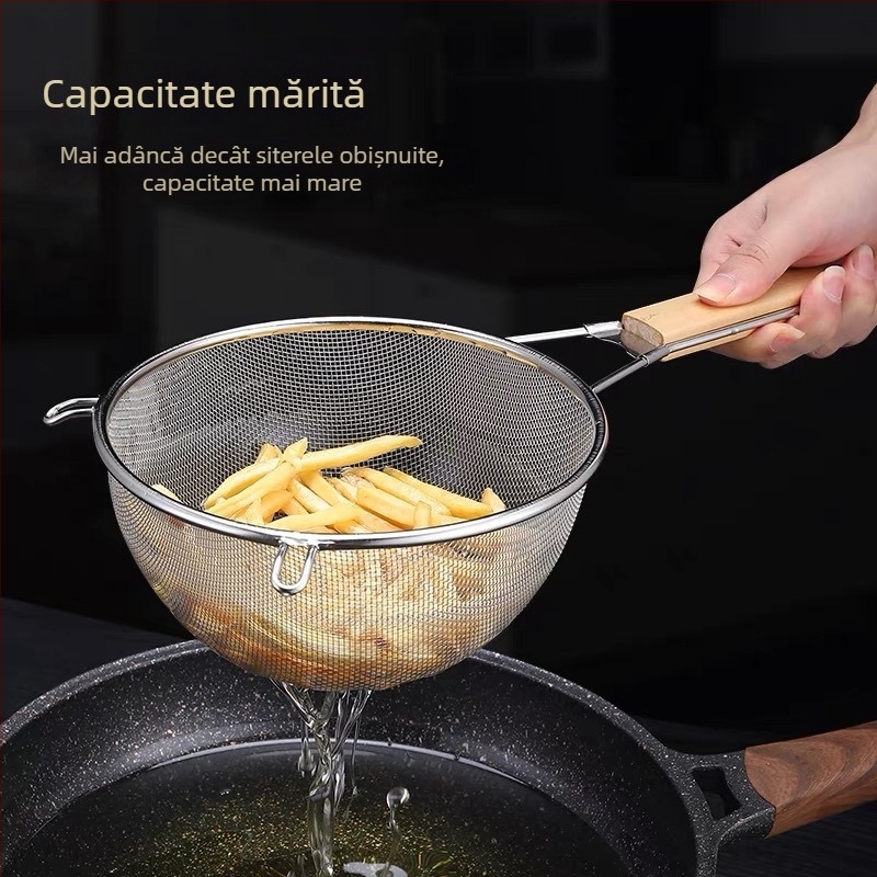 Filtru de ulei din oțel inoxidabil 304 cu mâner din lemn, sită ultra-fină pentru prăjit
