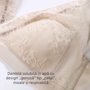 Sutien din mătase Mulberry, satin elastic, subțire, cupe în formă de petală, decolteu franțuzesc adânc V, fără fir, cupă 3/4, design cu spate