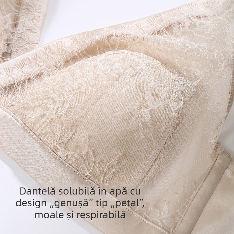 Sutien din mătase Mulberry, satin elastic, subțire, cupe în formă de petală, decolteu franțuzesc adânc V, fără fir, cupă 3/4, design cu spate