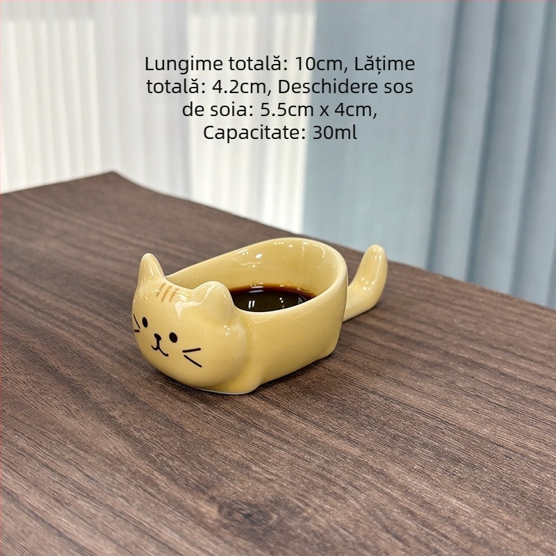 Farfurie ceramică drăguță pentru sos, cu pisică japoneză cu trei flori, model drăguț, pentru sos de soia și oțet