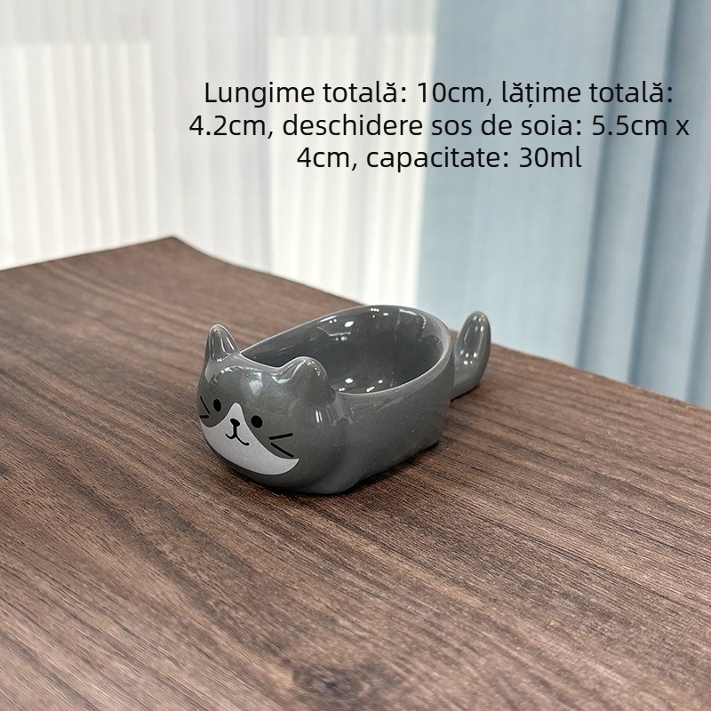 Farfurie ceramică drăguță pentru sos, cu pisică japoneză cu trei flori, model drăguț, pentru sos de soia și oțet