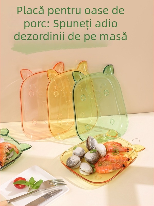 Farfurie din plastic cu design animat de purceluș pentru gustări, fructe și deserturi, diametrul 14 cm, formă neregulată, stil proaspăt și drăguț