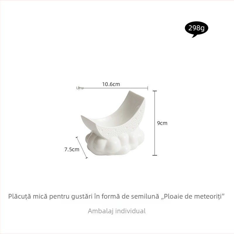 Farfurie de sos din ceramică, în formă de lună, contur neregulat, stil minimalist modern, potrivită pentru hoteluri și restaurante, finisaj sub glazură, diametru 10 cm