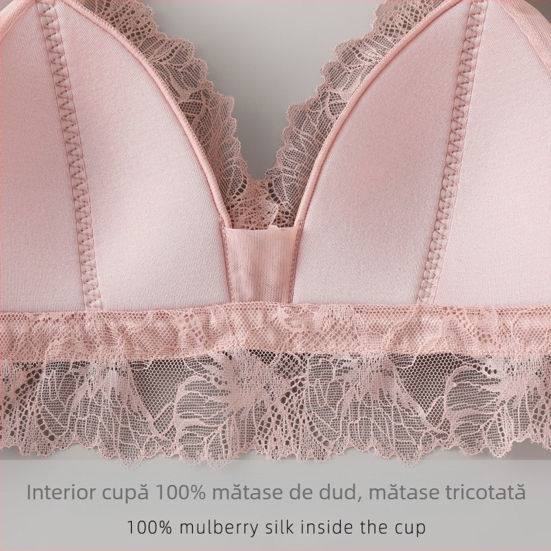 Sutien franțuzesc din mătase, cu cupă triunghiulară, decolteu încrucișat din dantelă, fără sârmă
