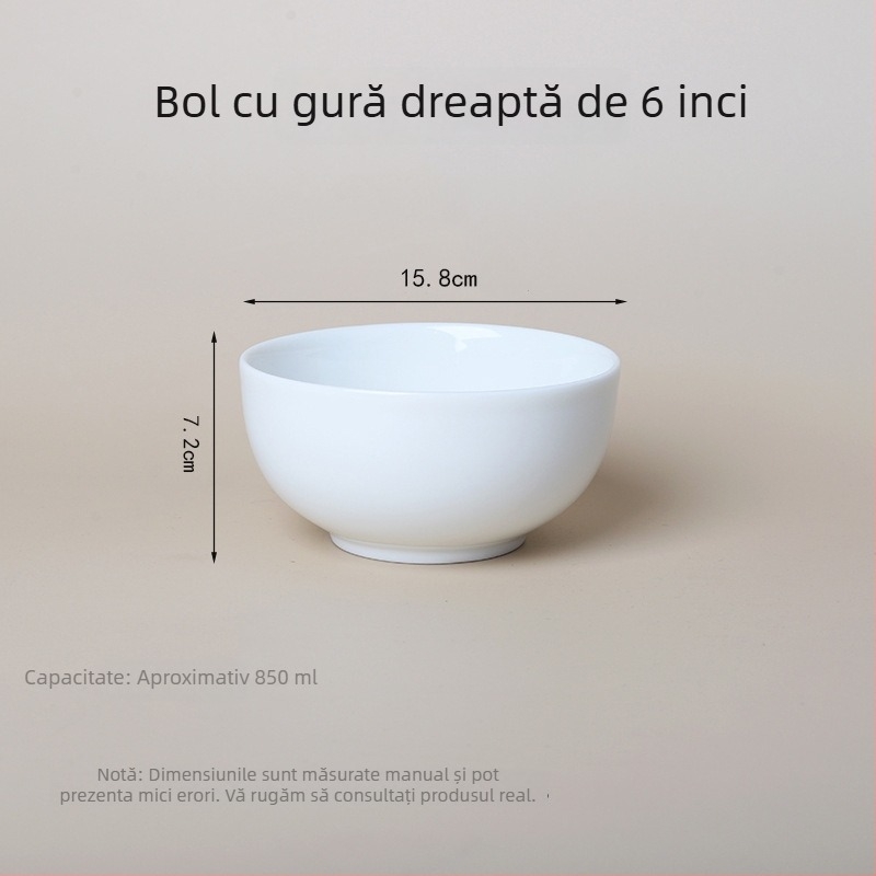 Vas ceramic alb, bol mare pentru noodles și supă pentru hoteluri și restaurante, bol de orez pentru uz casnic, bol cu margine dreaptă anti-arz, logo personalizat