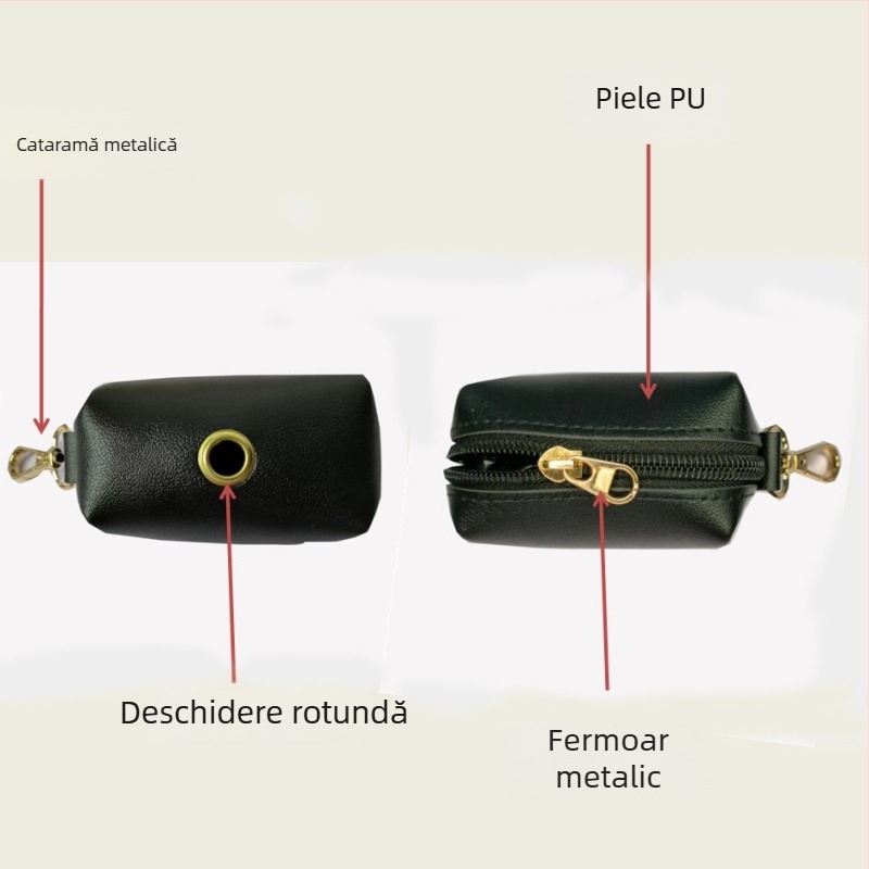 Dispenser portabil pentru pungi de gunoi pentru câini, din piele PU, cu husă de depozitare