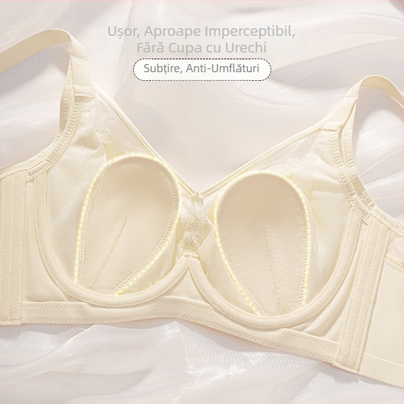 Sutien din dantelă satin nude, cupe cu urechi de iepure, cupe subțiri, spate lucios, susținere confortabilă cu arc metalic moale