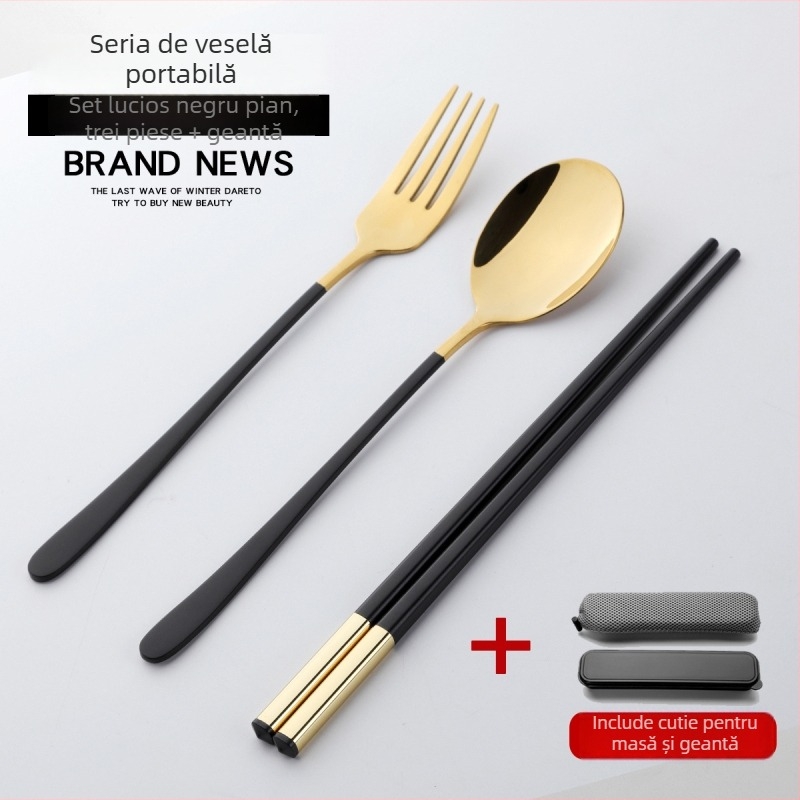 Set din oțel inoxidabil, trei piese: bețișoare, lingură și furculiță, cutie de depozitare portabilă, multicolor