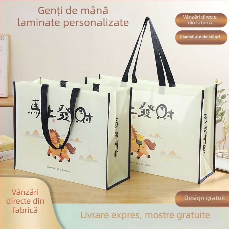 Geantă tote laminată din material nețesut, cu logo personalizat, capacitate mare, cadouri și cumpărături